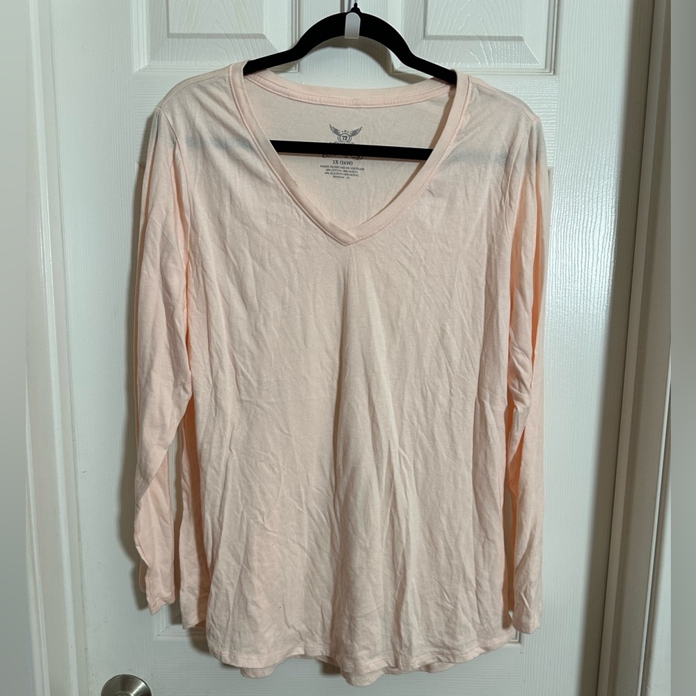Women's Plus Size Faded Glory V-Neck Long Sleeve Blouse - Light Peach